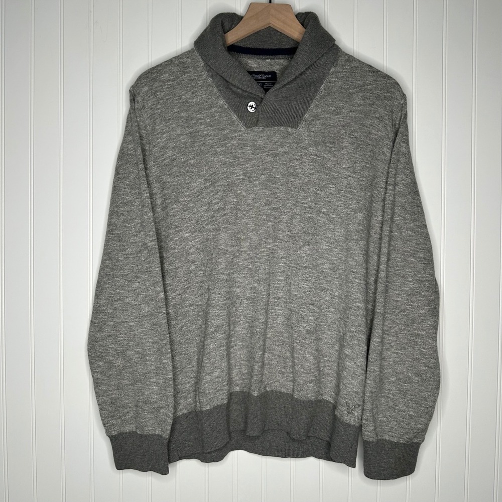 American Eagle Mens Sweater L Gray Shawl Collar Cotton Athletic Fit Pullover